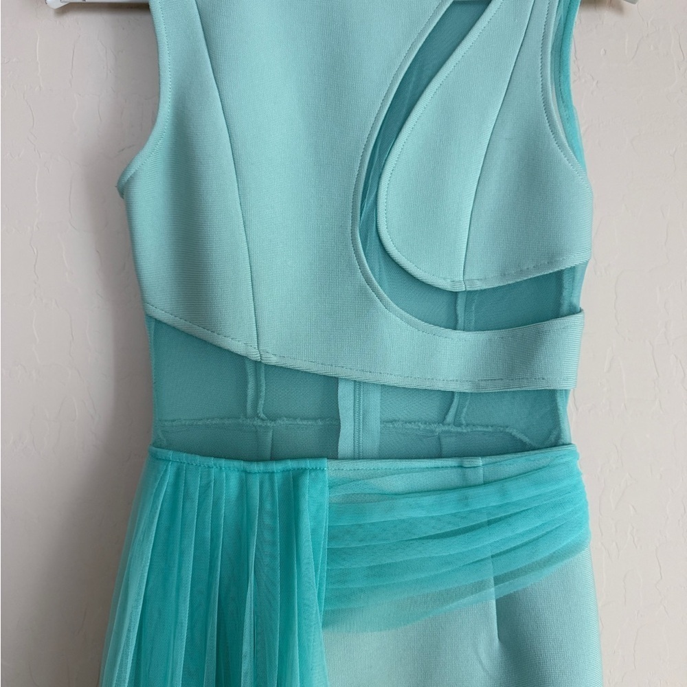 Weasel Wear Pinup Dress Water Cascading Bandage Aqua Mermaid Sheer Pencil XS - Picture 5 of 14
